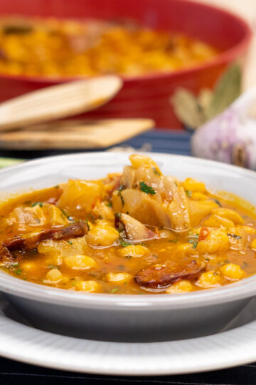 Plated Brazilian cow foot and chickpea stew.