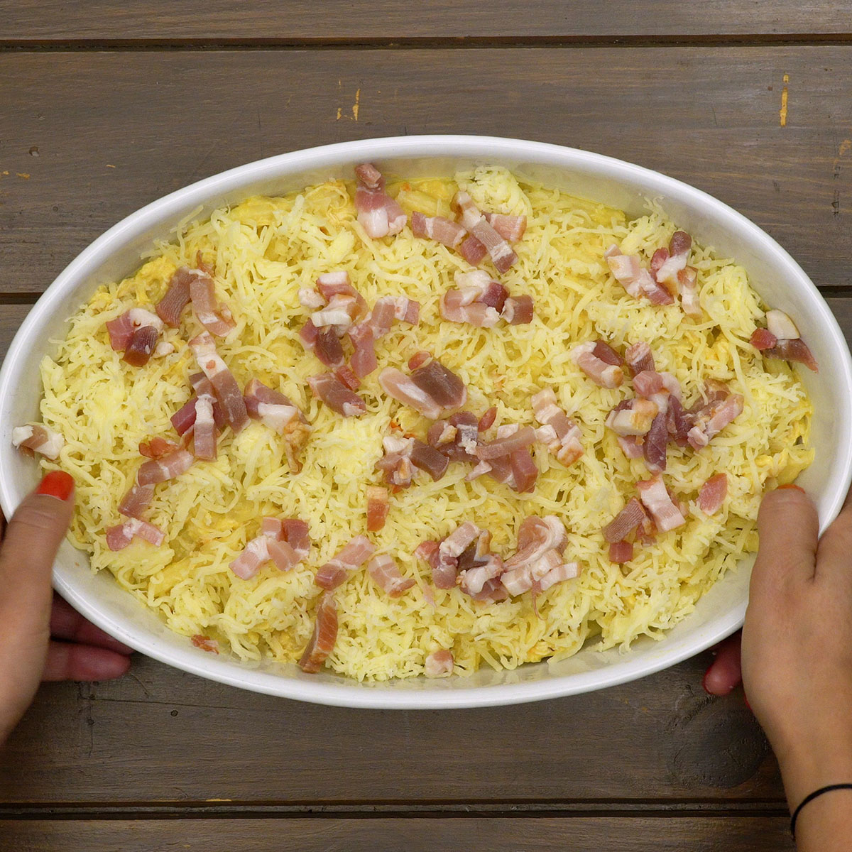Baked penne gratinated with melted cheese and golden bacon.