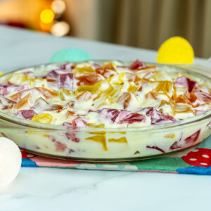 Creamy broken glass Jello dessert ready to serve.