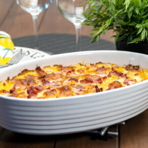 Creamy chicken corn penne bake with bacon coming out of the oven.