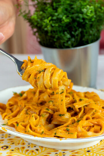 Plated tagliatelle with creamy shrimp sauce.