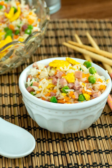 Easy ham and vegetable fried rice served in a small bowl.