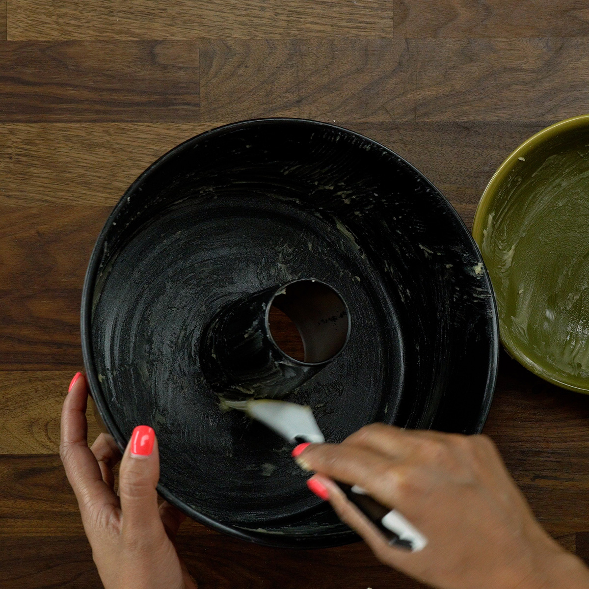 Cake pan brushed with homemade pan release for apple cinnamon cake.