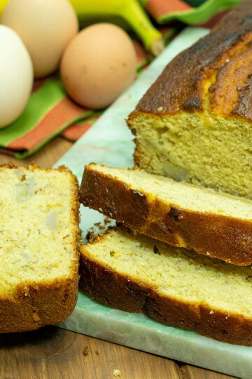 Slices of moist banana cake on a plate