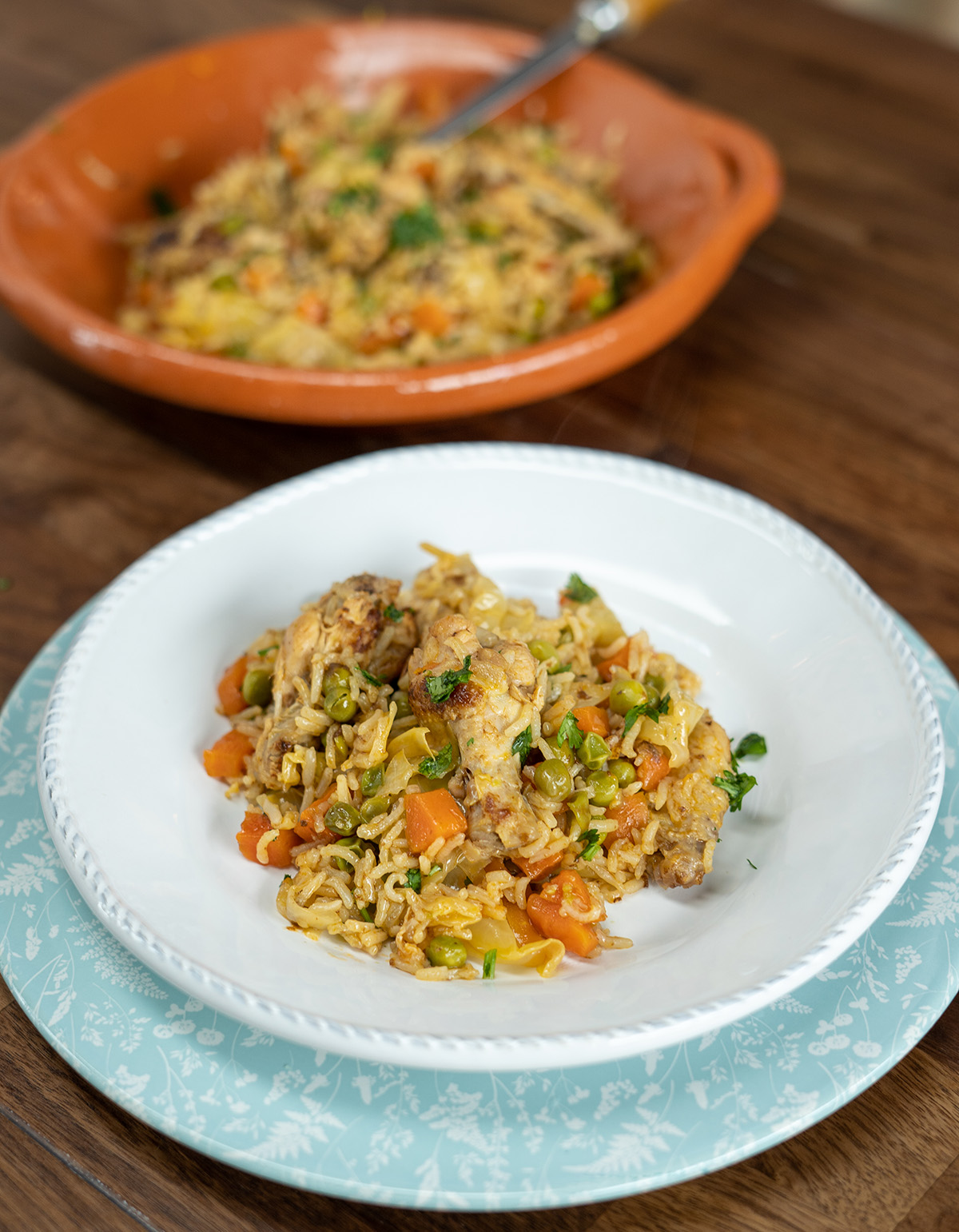 Plated chicken wings and rice topped with parsley.