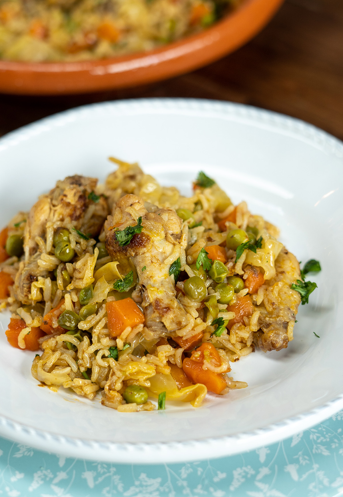 Close-up of plated chicken wings and rice with parsley.