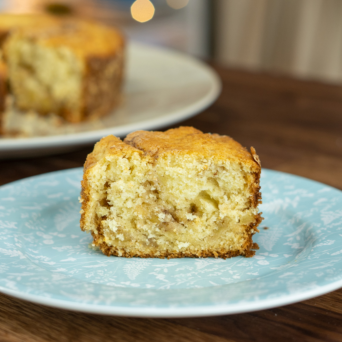 Sliced apple cinnamon cake served and ready to eat.